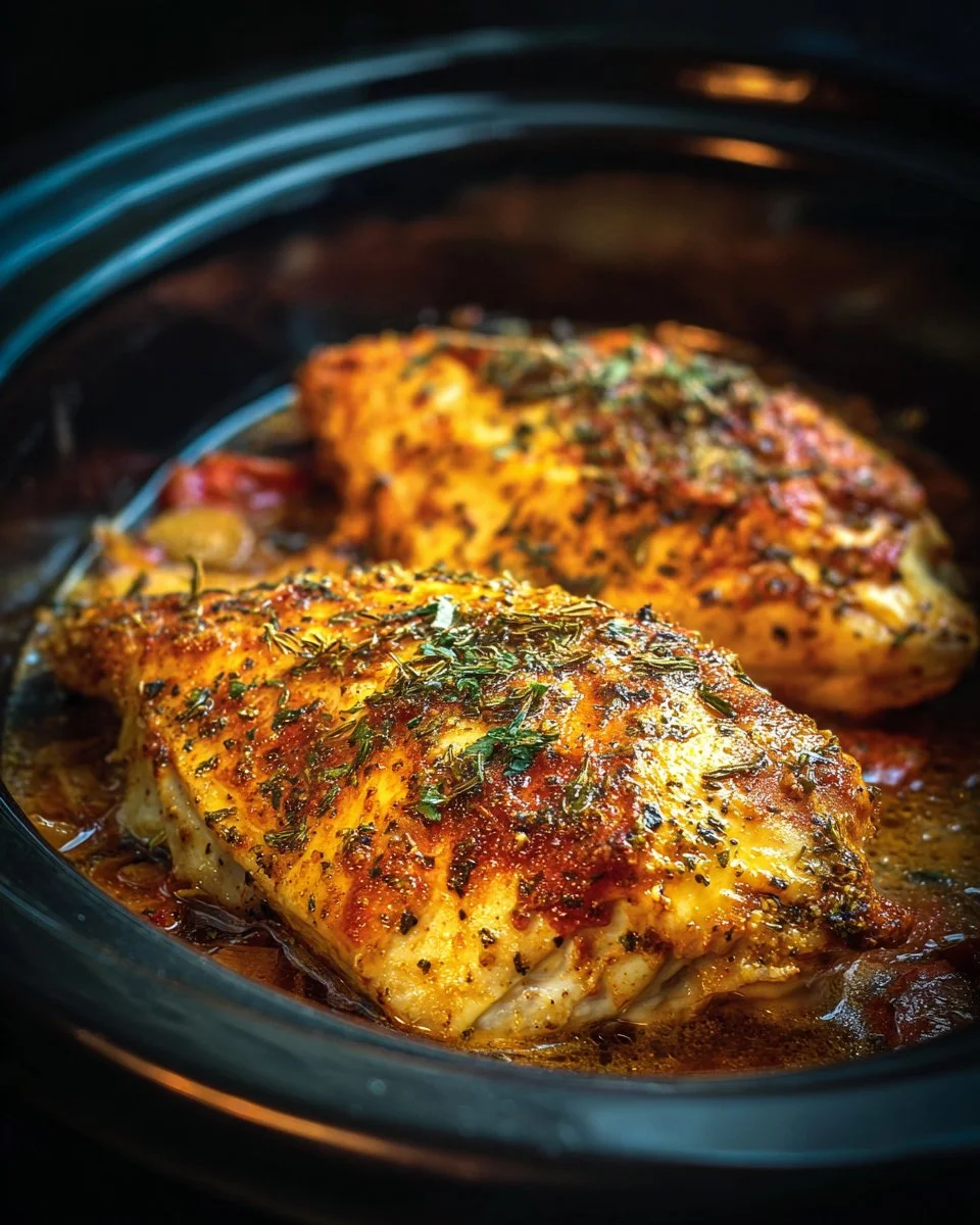 Deliciously cooked Crock Pot Chicken Breast served with herbs and spices