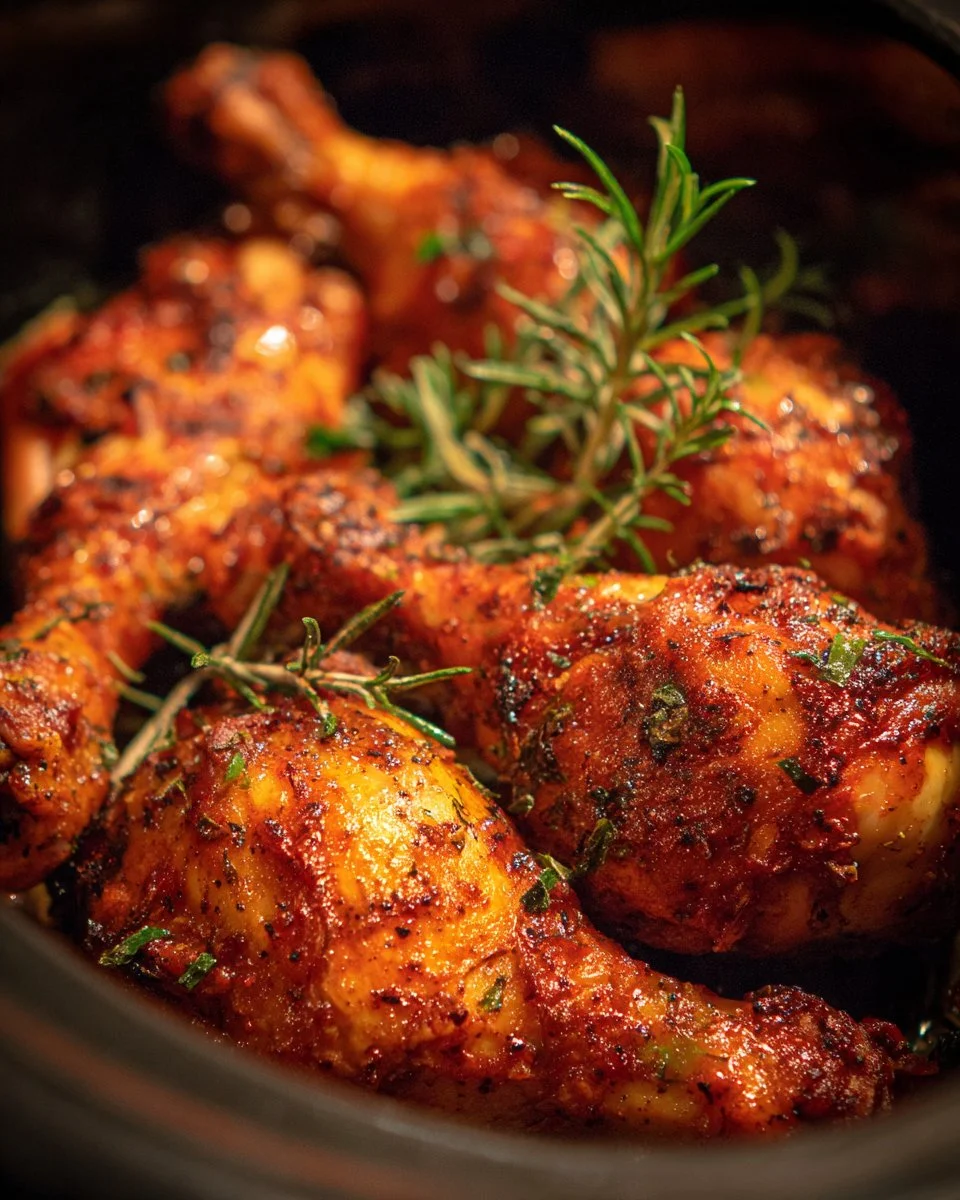 Crock Pot chicken legs cooking in a slow cooker with herbs and spices