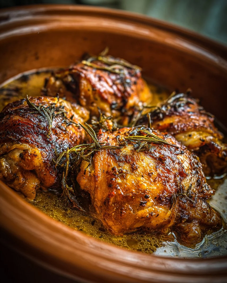 Deliciously cooked crock pot chicken thighs with herbs and vegetables.