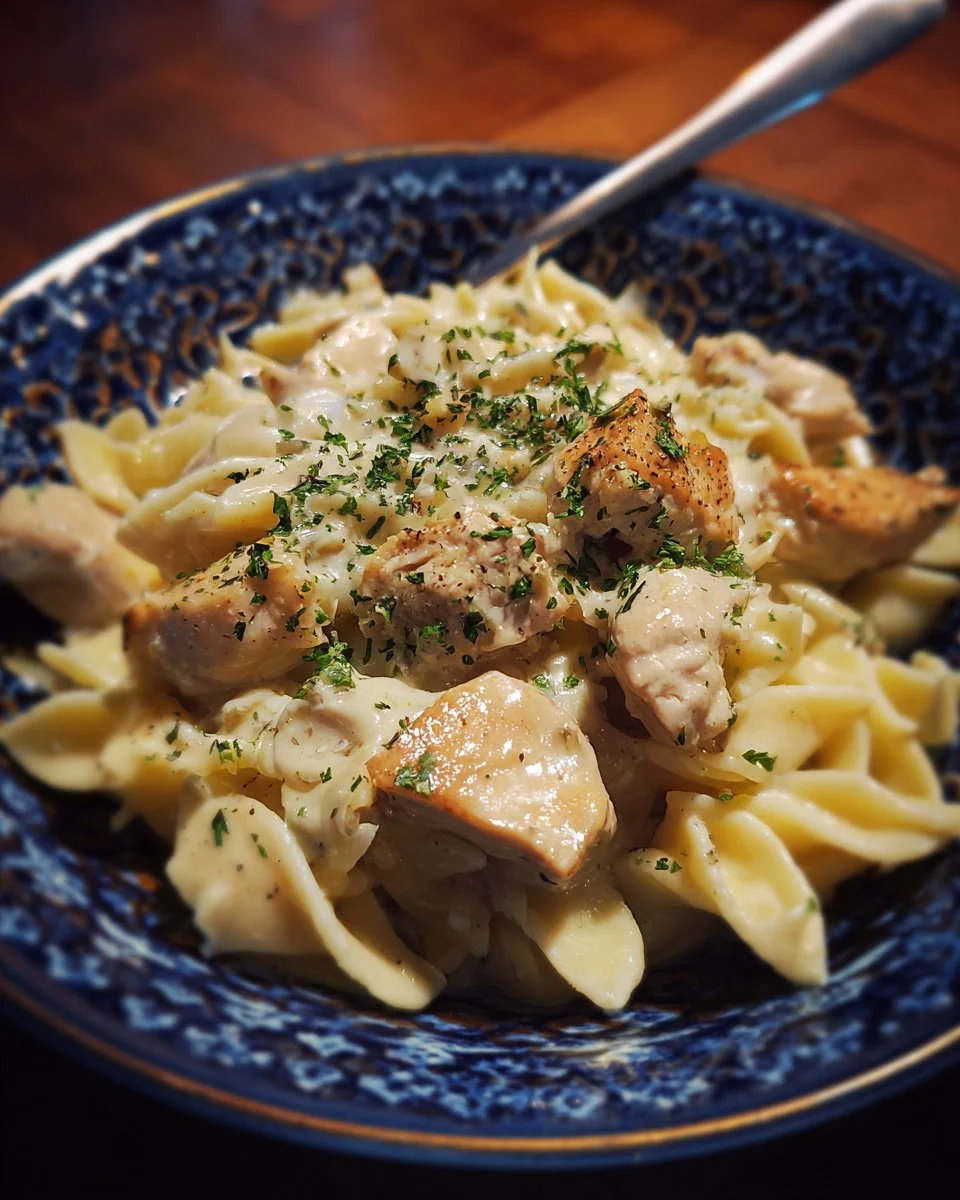 Crockpot Chicken Alfredo served in a bowl with fresh parsley on top