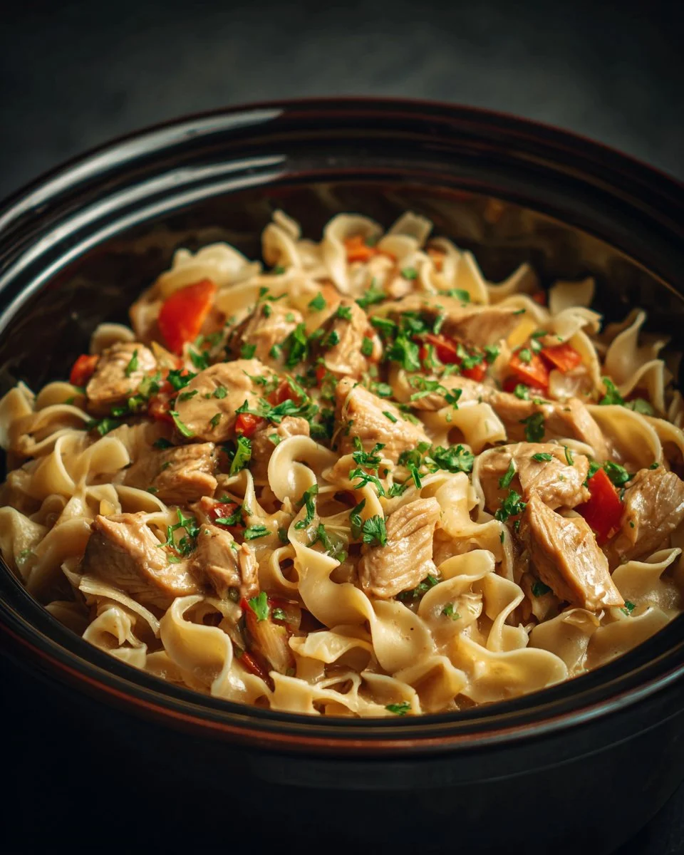 Crockpot Chicken and Noodles served in a bowl, garnished with parsley.