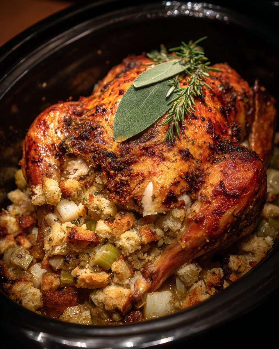 Crockpot Chicken with Stuffing served in a rustic bowl
