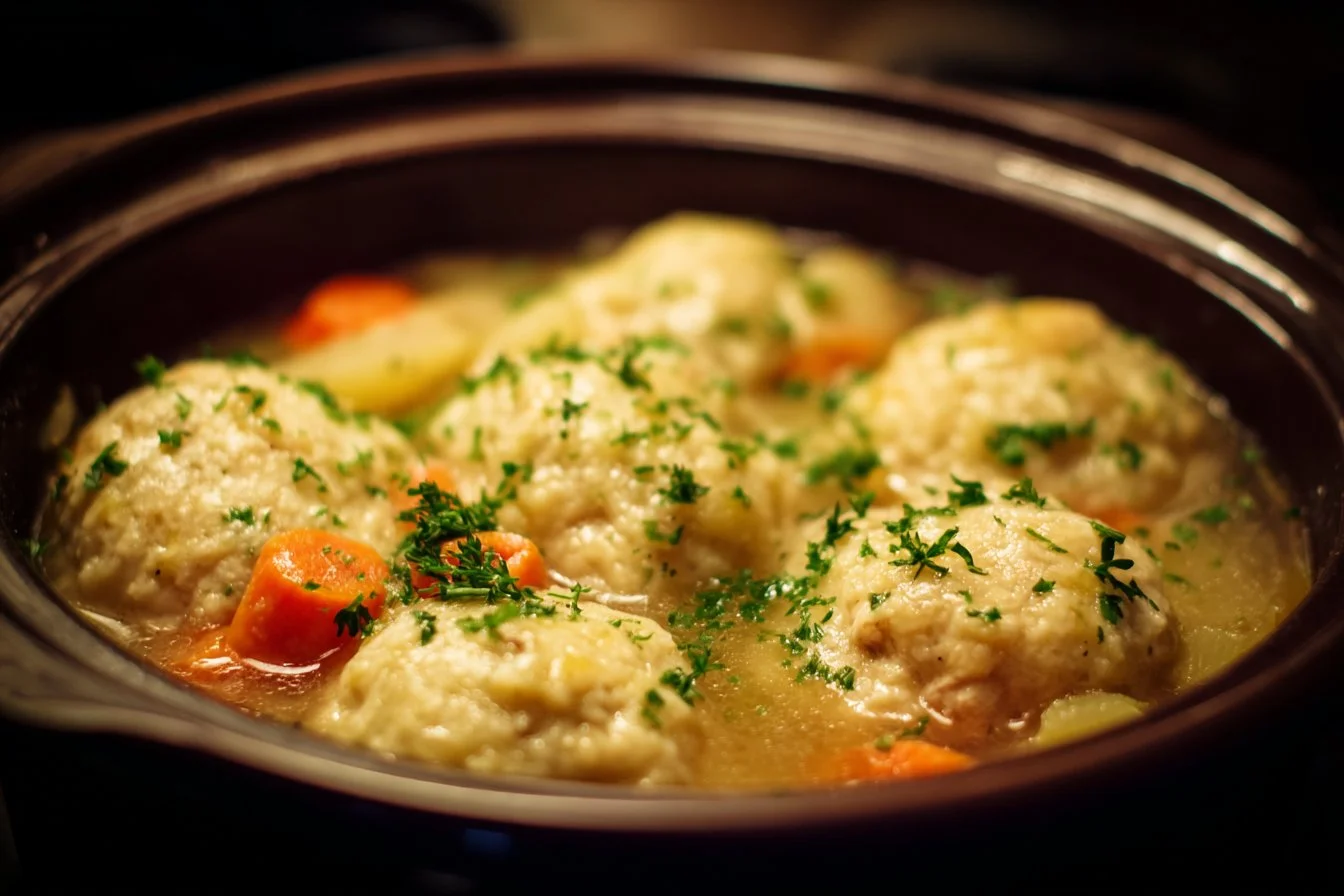 Delicious Crockpot Chicken Dumplings in a savory broth with tender chicken and fluffy dumplings.