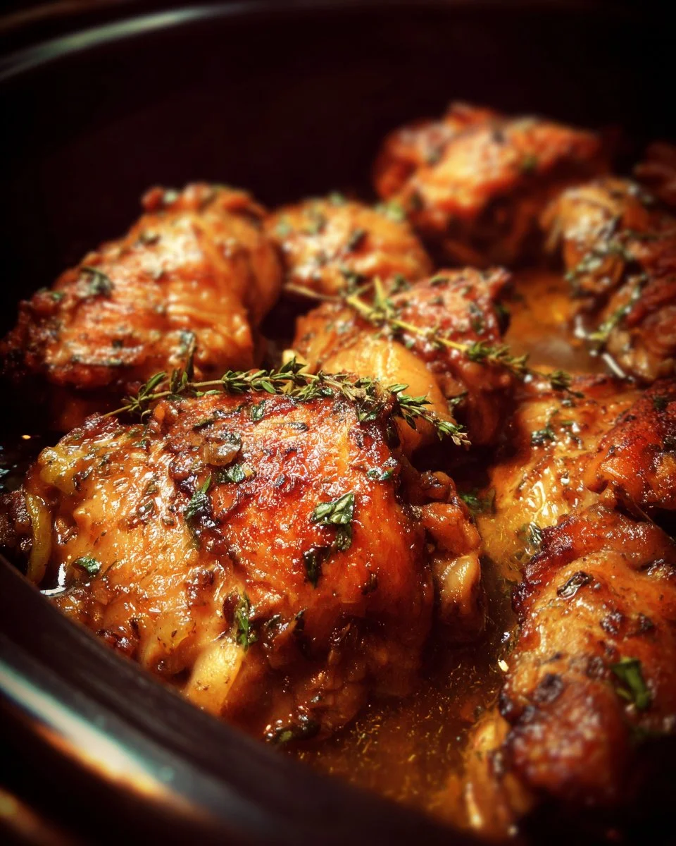 Crockpot chicken thighs cooked to perfection with herbs and spices