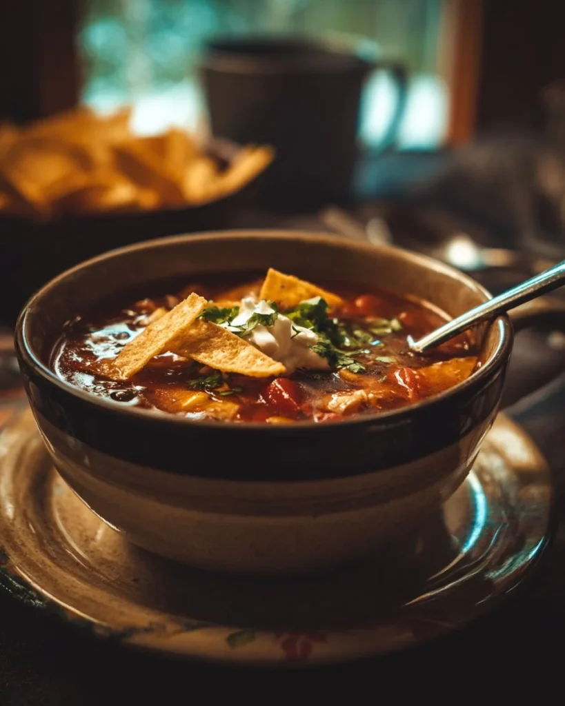 Crockpot Chicken Tortilla Soup with fresh ingredients in a bowl