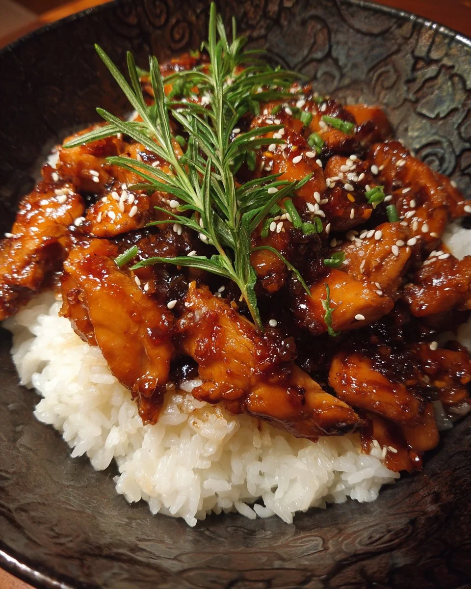 Delicious crockpot teriyaki chicken served with rice and vegetables.