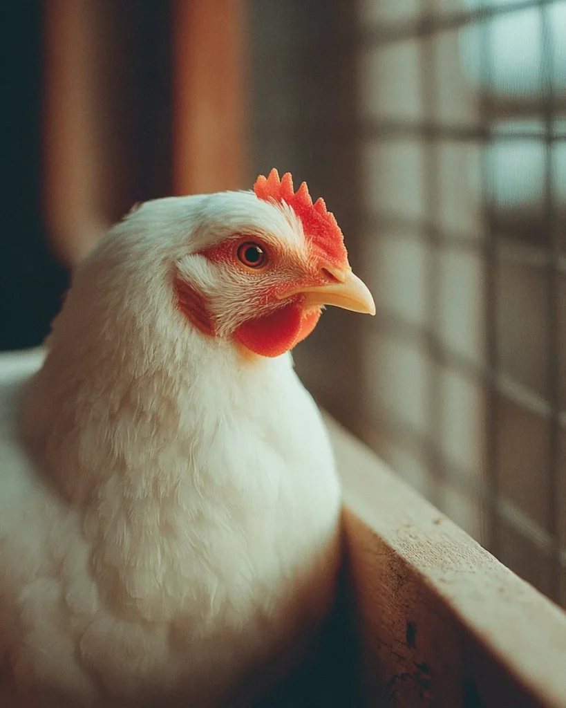 Adorable cute chicken with fluffy feathers and curious eyes in a sunny yard.