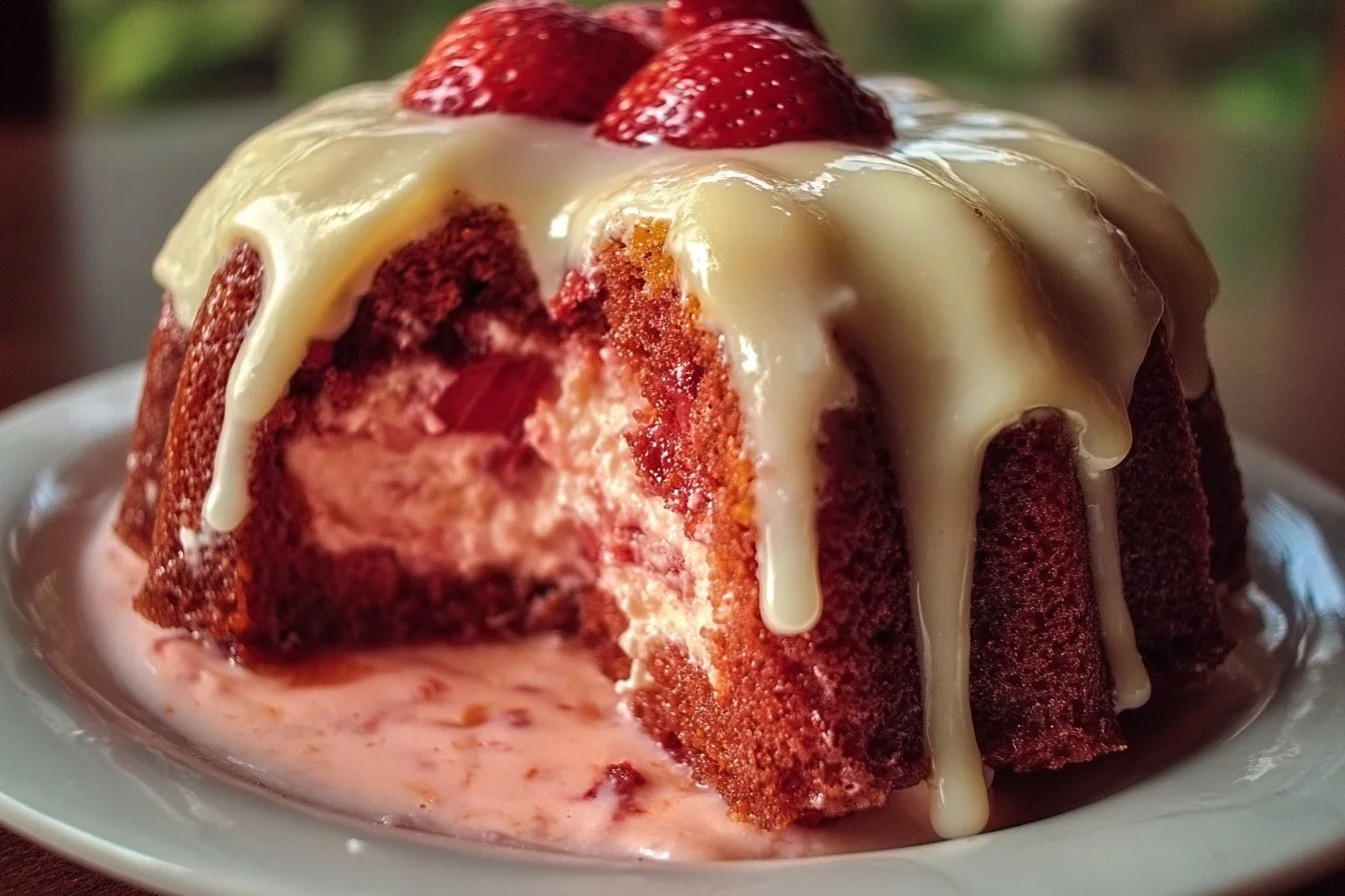 Deliciously moist strawberry honeybun cake with creamy icing on top