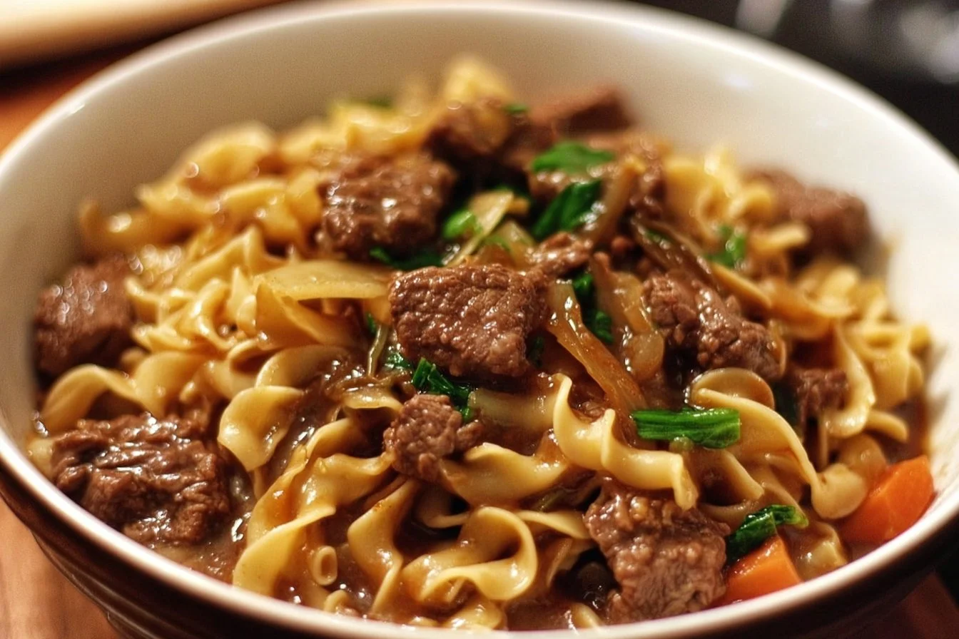 Plate of easy beef and noodles with vegetables, garnished for presentation