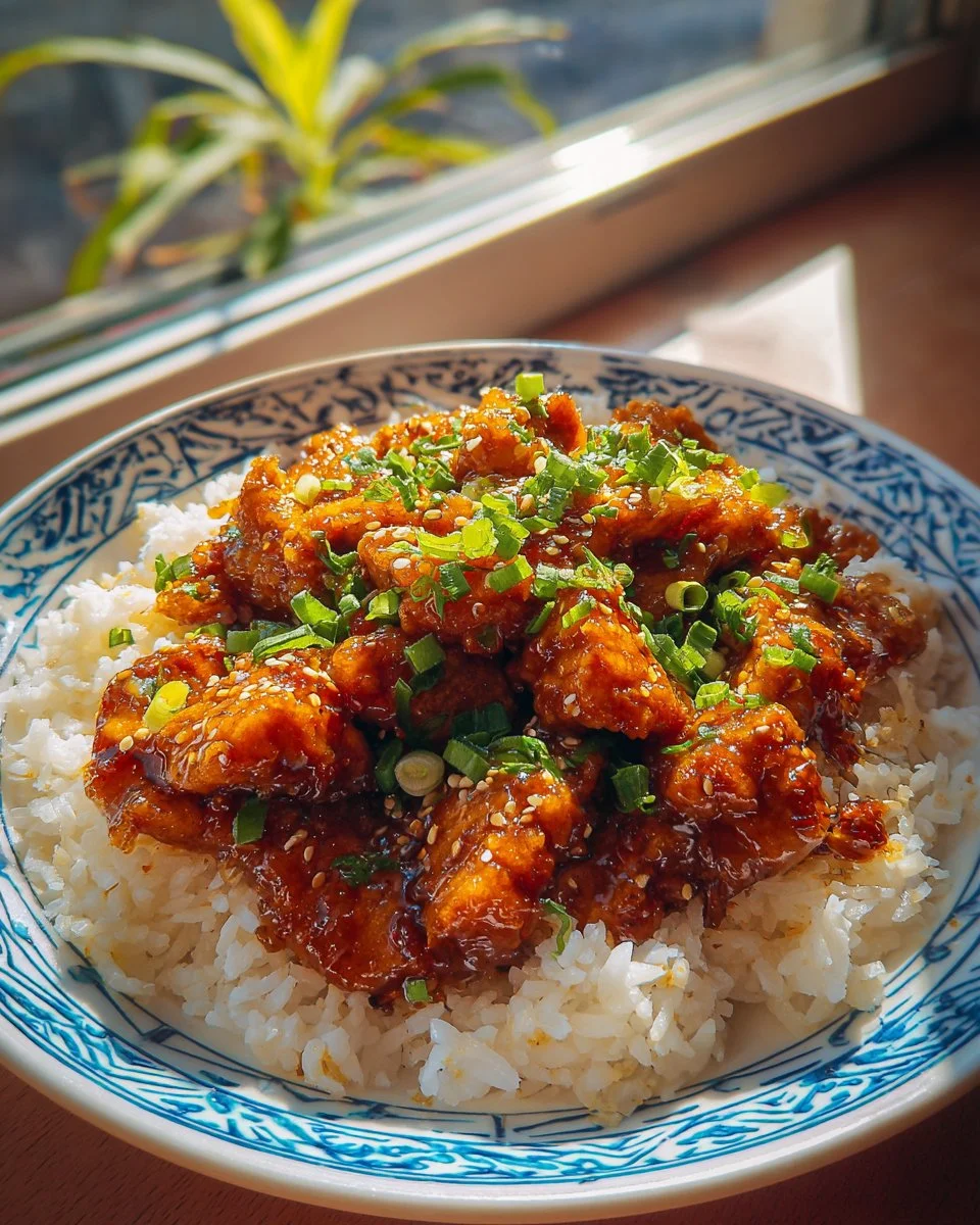 Delicious easy orange chicken served with rice and vegetables