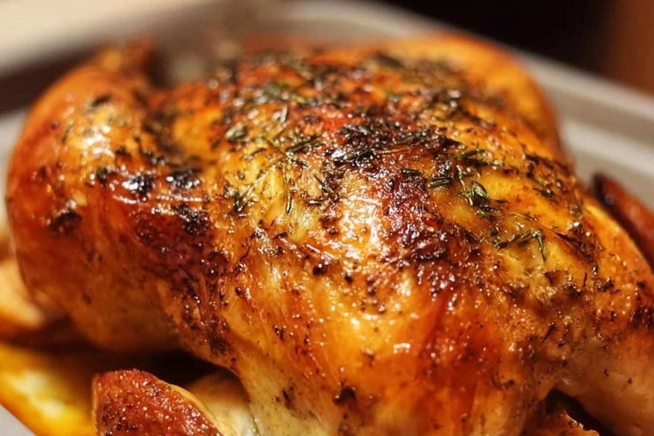 Easy whole roasted chicken with crispy skin and juicy meat ready to serve