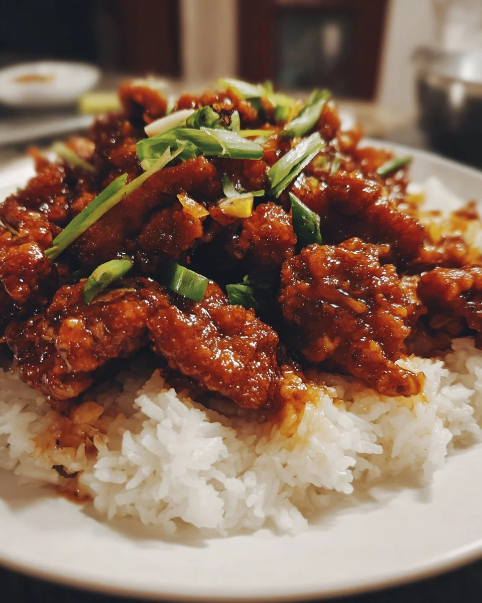 Delicious plate of Firecracker Chicken garnished with sesame seeds and green onions