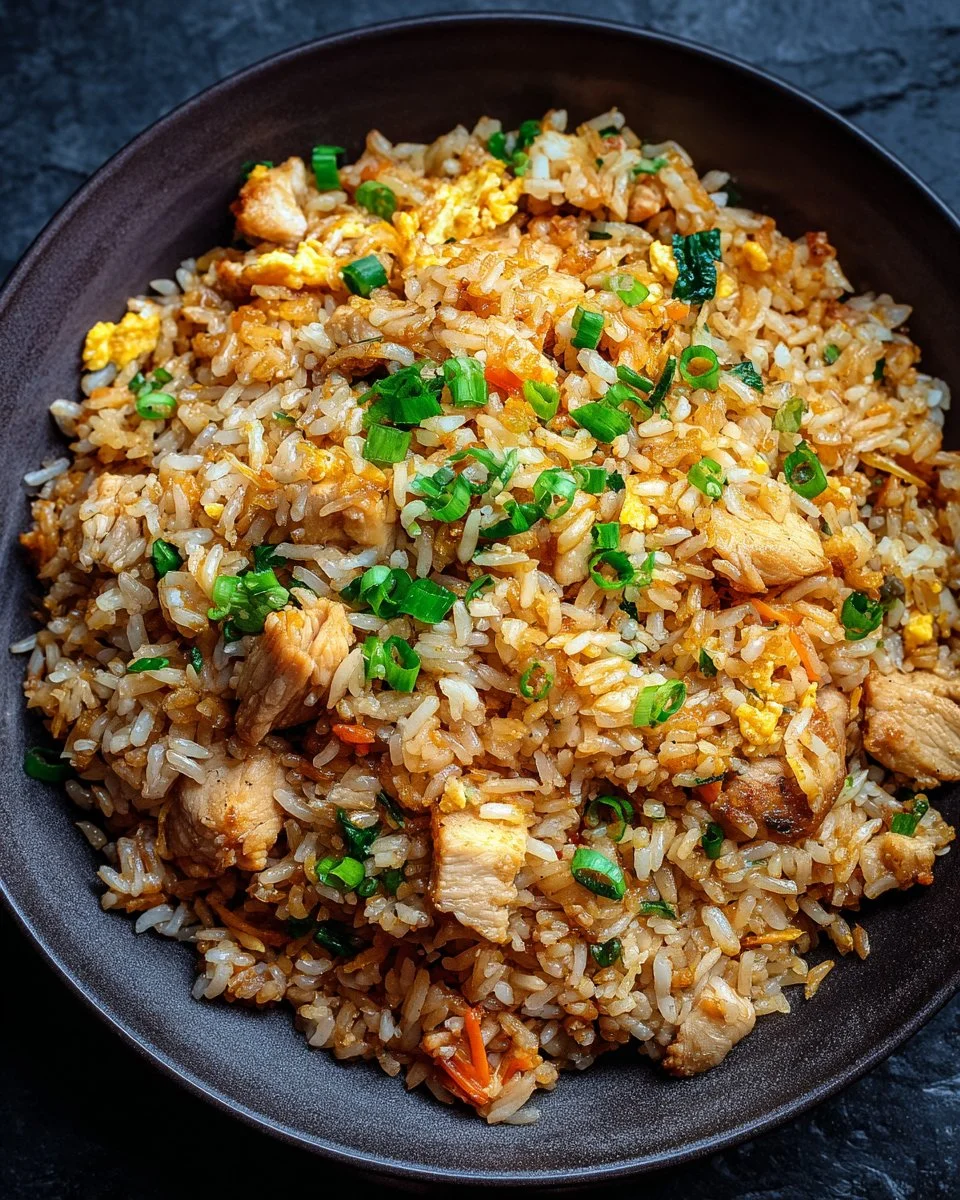 Plate of fried rice with chicken garnished with vegetables and herbs