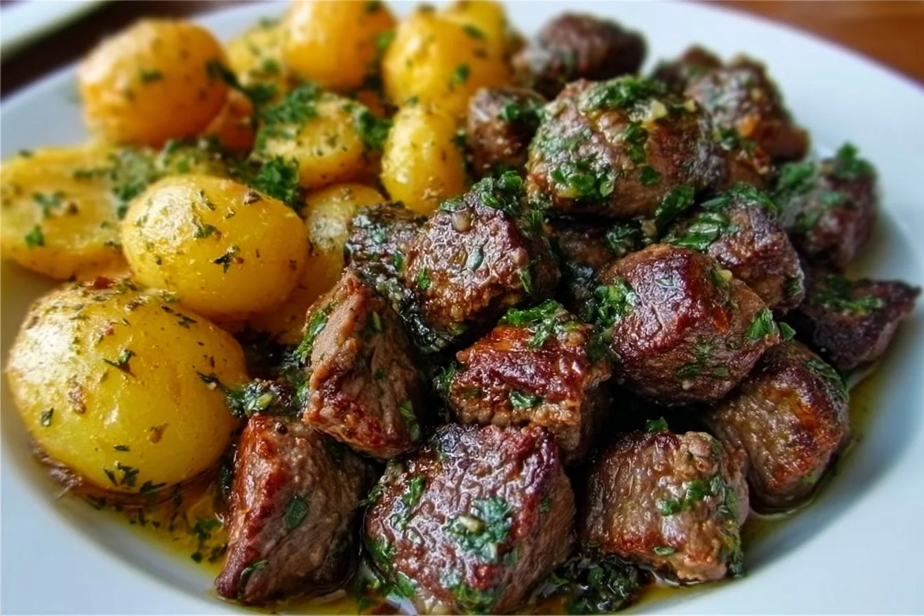 Savory Garlic Butter Beef Bites served with crispy potatoes