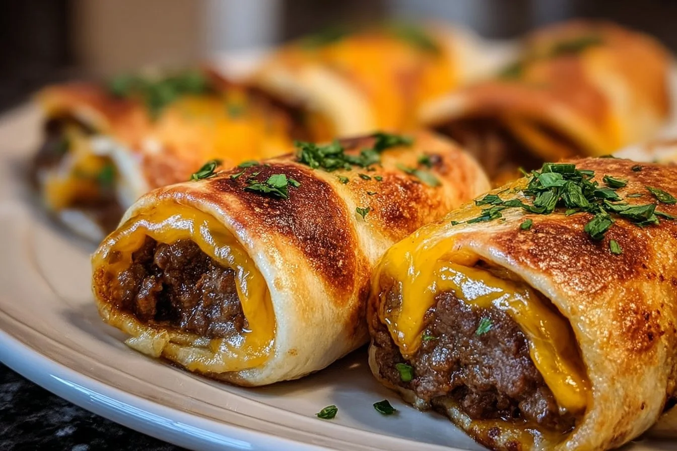 Garlic butter beef cheeseburger rollups served on a plate with fresh toppings.