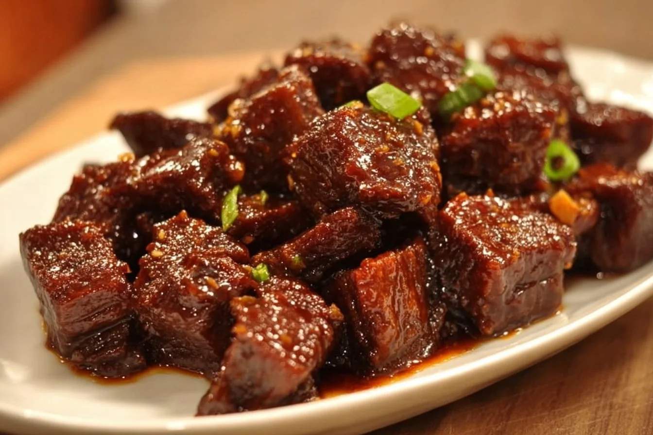 Delicious glazed sticky beef bites served as an appetizer.