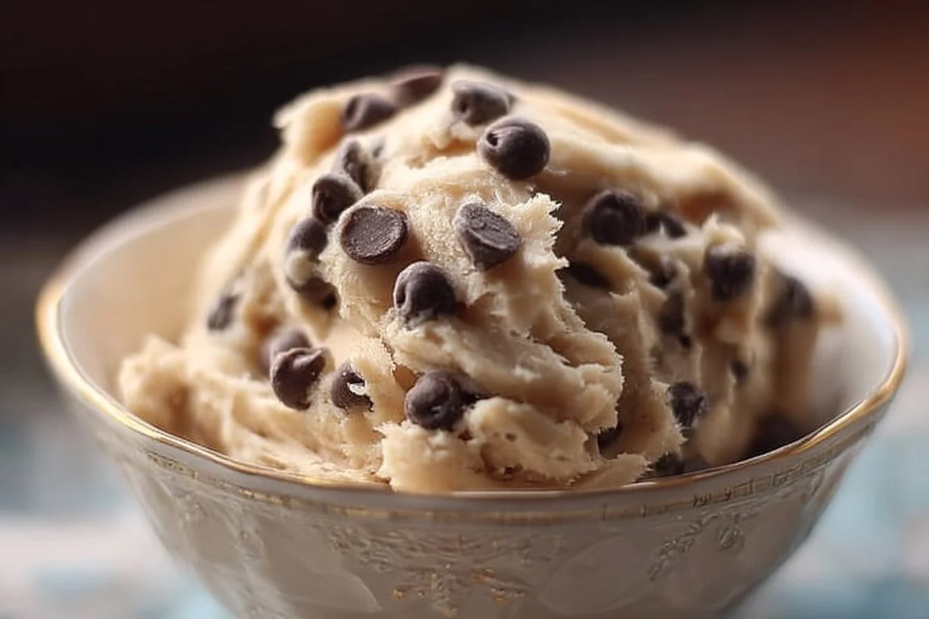 Bowl of Greek yogurt cookie dough topped with chocolate chips
