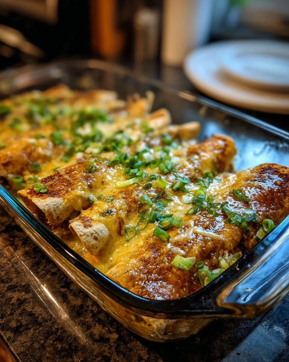 Delicious green chicken enchiladas topped with salsa and cheese