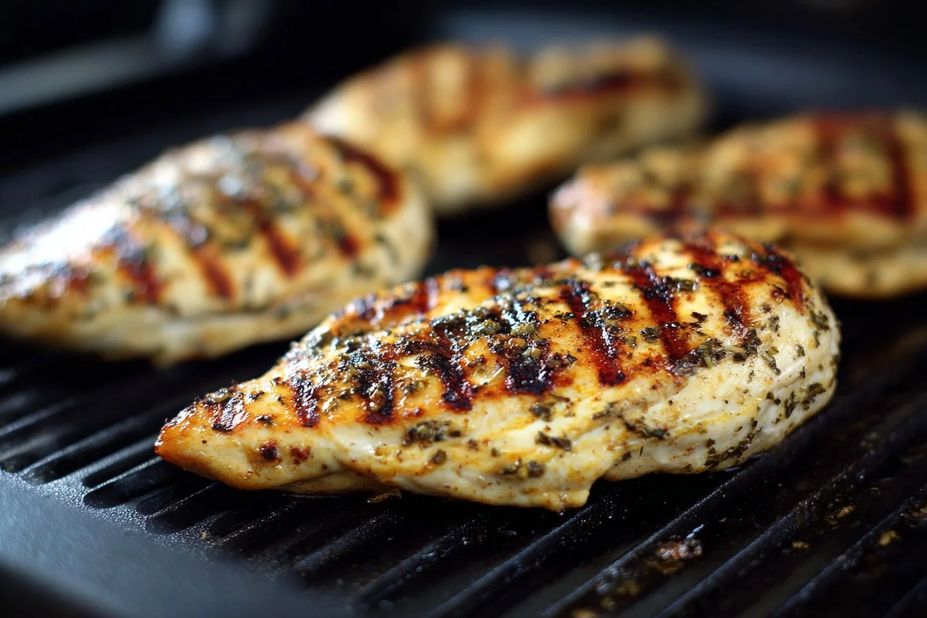 Succulent grilled chicken breasts on a plate with fresh herbs