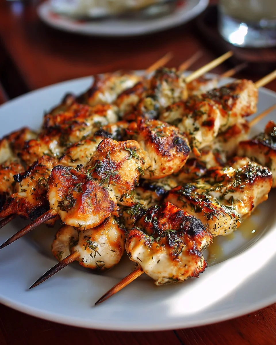 Juicy grilled chicken skewers on a platter with vegetables