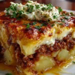Delicious Ground Beef and Potato Casserole in a baking dish