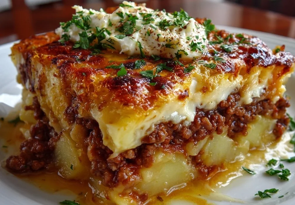 Delicious Ground Beef and Potato Casserole in a baking dish