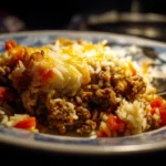 Ground beef and rice casserole dish ready to serve, topped with cheese