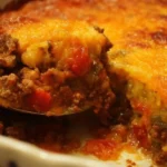 Delicious and easy ground beef casserole in a baking dish.