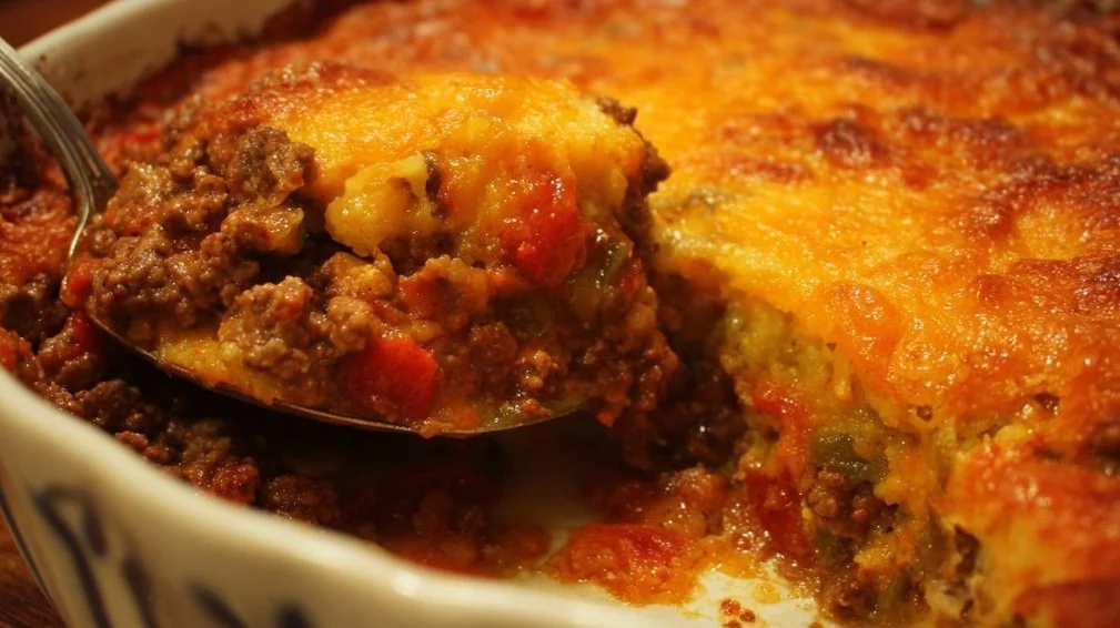 Delicious and easy ground beef casserole in a baking dish.