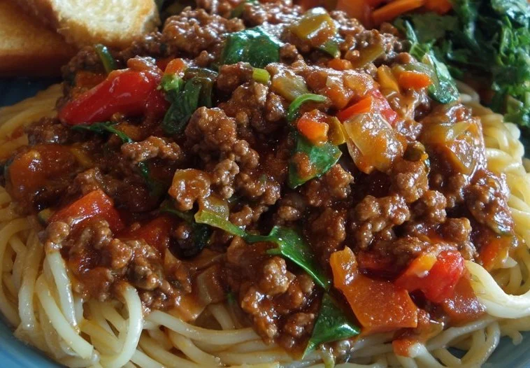 Delicious ground beef dinner served with vegetables and rice