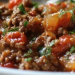 Delicious ground beef recipe served with vegetables and herbs