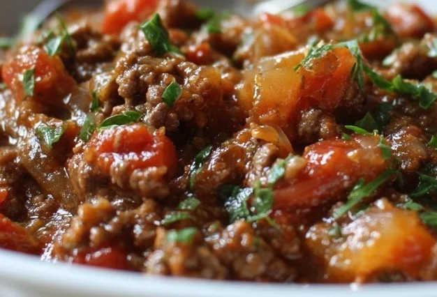 Delicious ground beef recipe served with vegetables and herbs