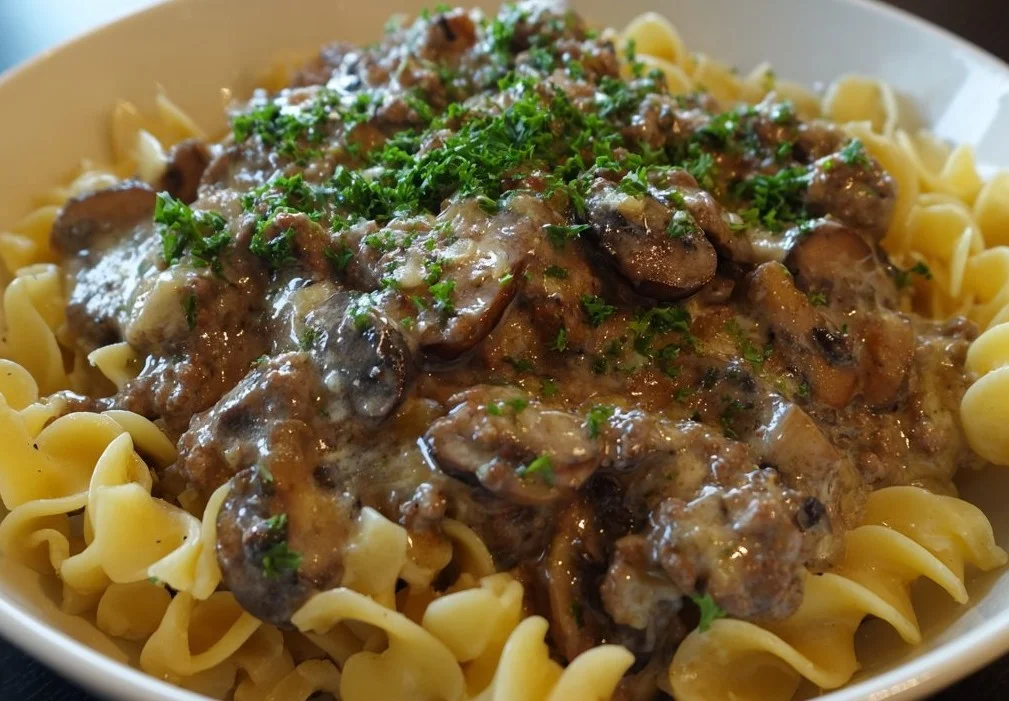 Delicious Ground Beef Stroganoff served with creamy sauce and mushrooms
