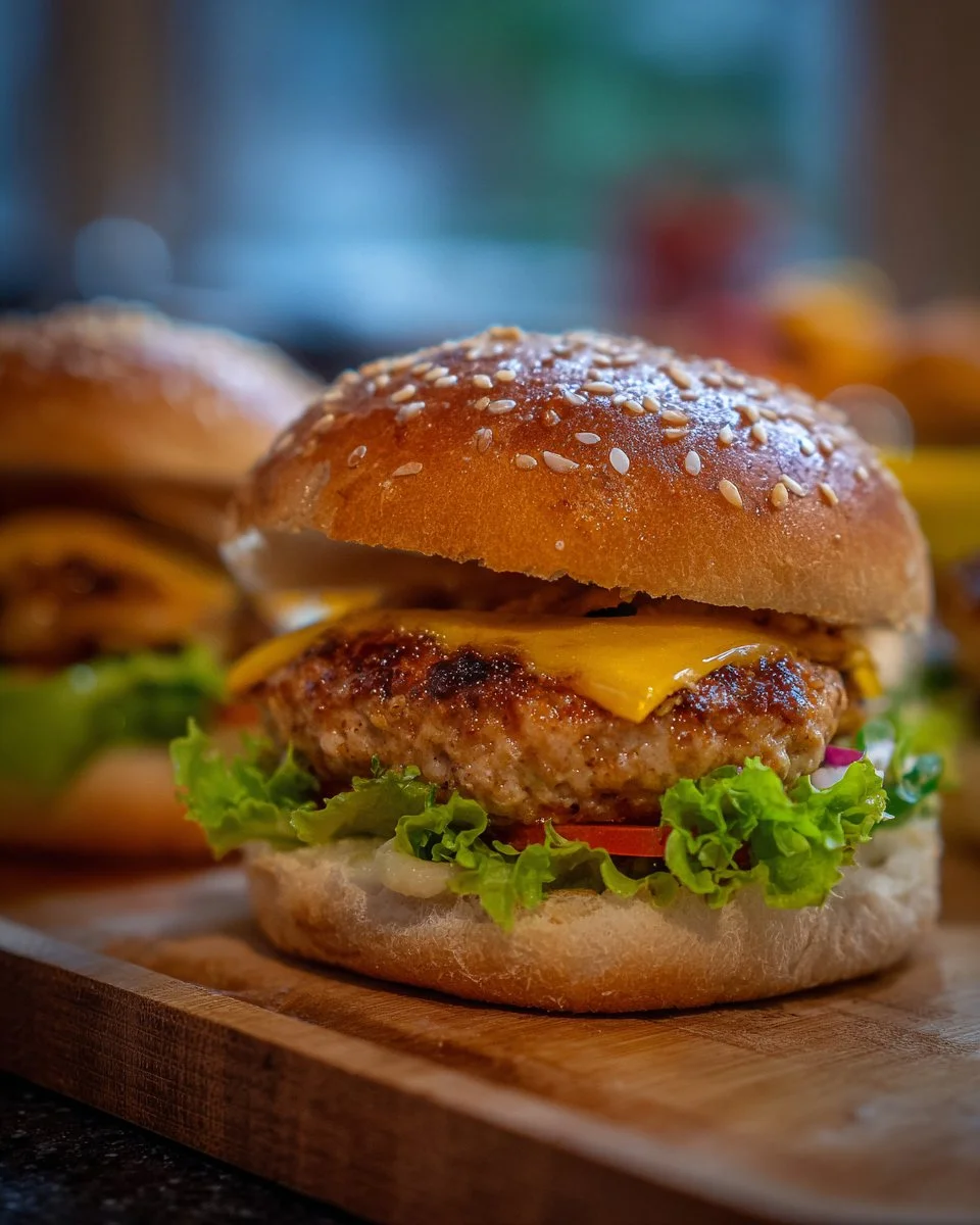 Juicy ground chicken burgers served on a plate with fresh toppings