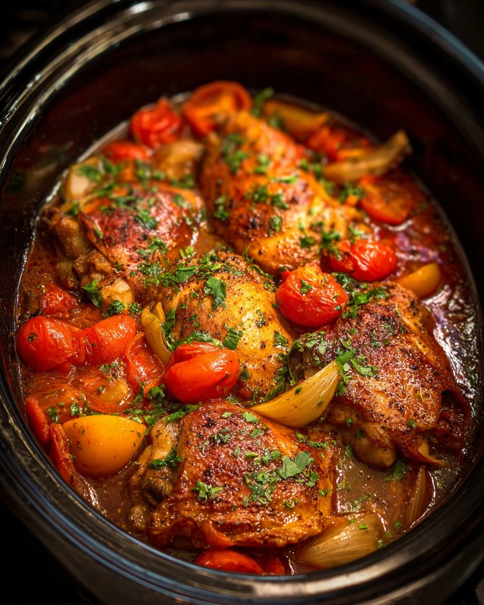 Healthy chicken crockpot meal featuring tender chicken and fresh vegetables