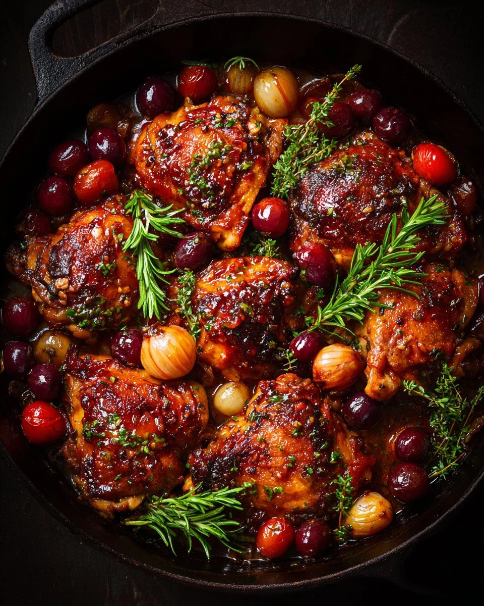 Healthy chicken thigh recipe with vegetables and herbs on a plate.