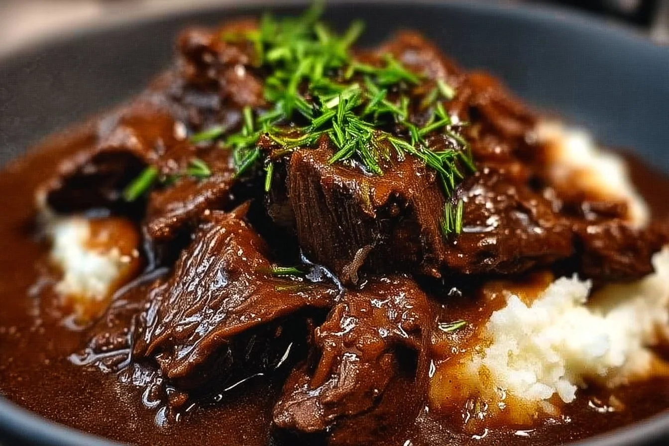 A comforting bowl of hearty Beef Manhattan served with vegetables and seasonings.