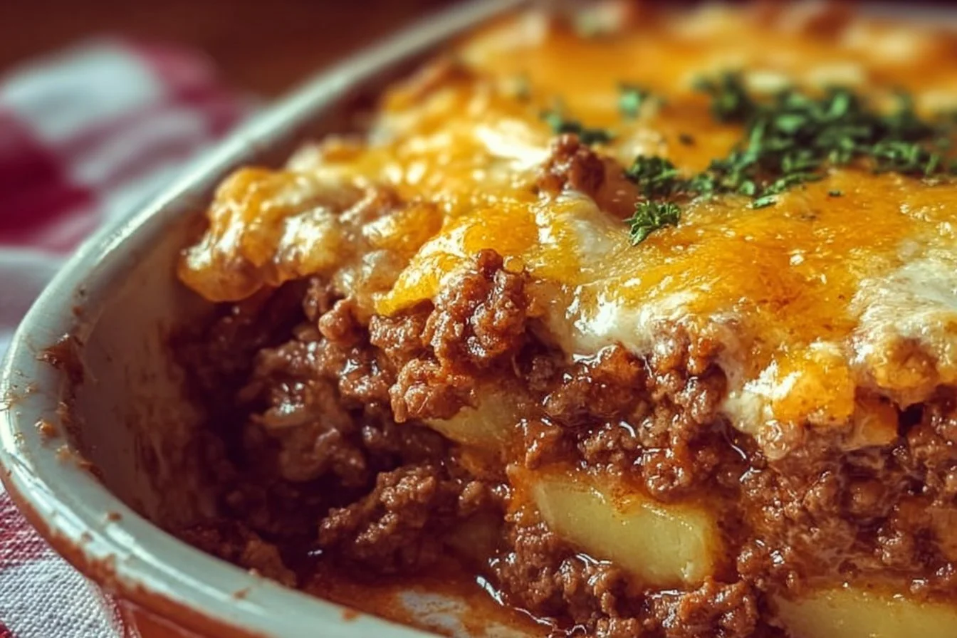 Hobo Casserole with ground beef topped with cheese and vegetables