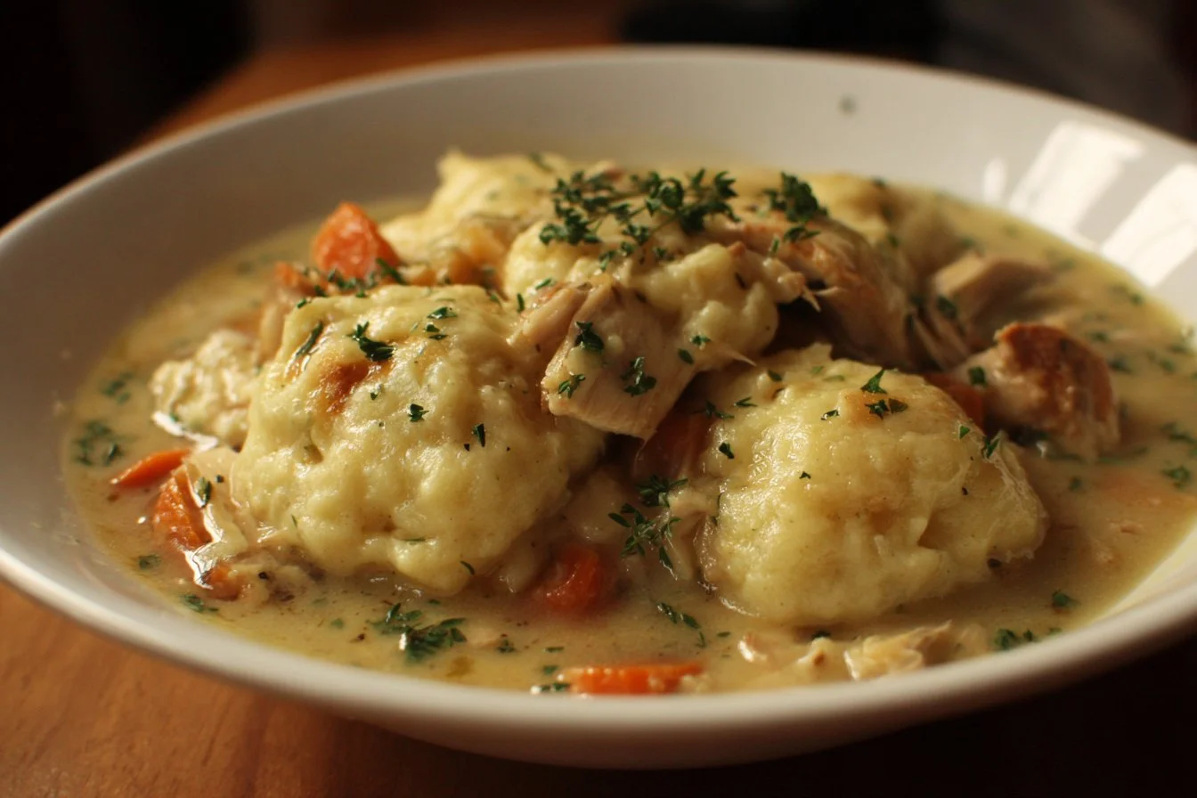 Delicious homemade chicken and dumplings in a bowl
