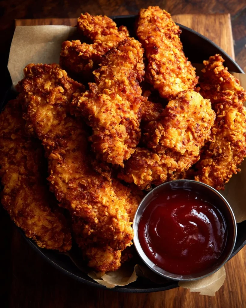 Crispy homemade chicken tenders served with dipping sauce