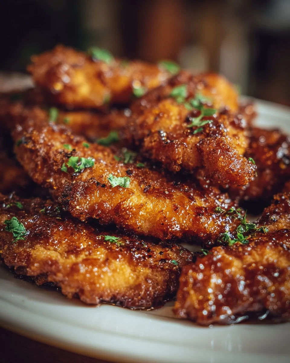 Plate of delicious hot honey chicken tenders garnished with herbs