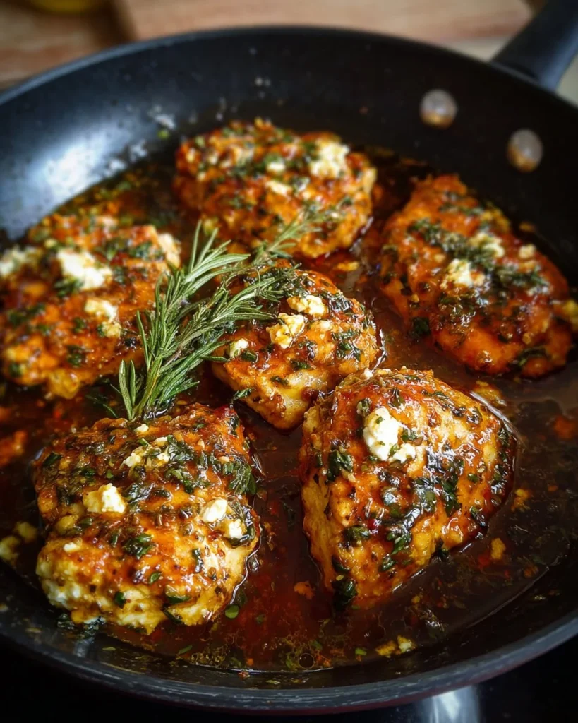 Hot honey feta chicken dish garnished with herbs and served on a plate