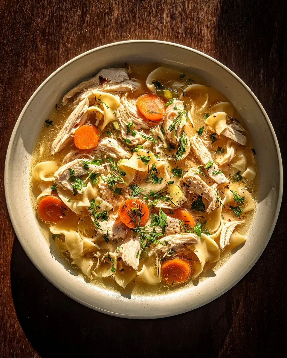 Bowl of delicious Instant Pot chicken noodle soup with vegetables and noodles.