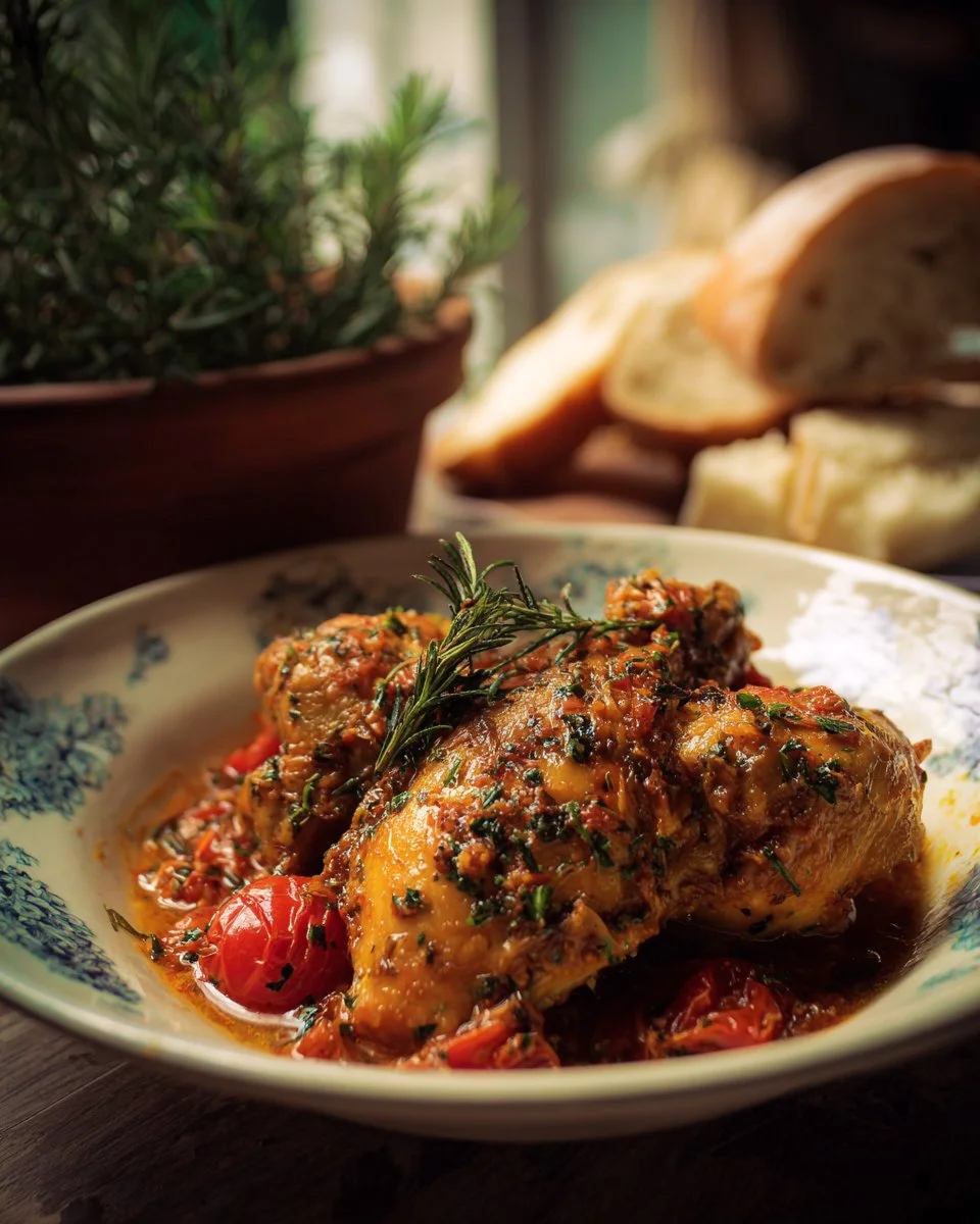 Plate of flavorful Italian Chicken garnished with herbs and served with pasta