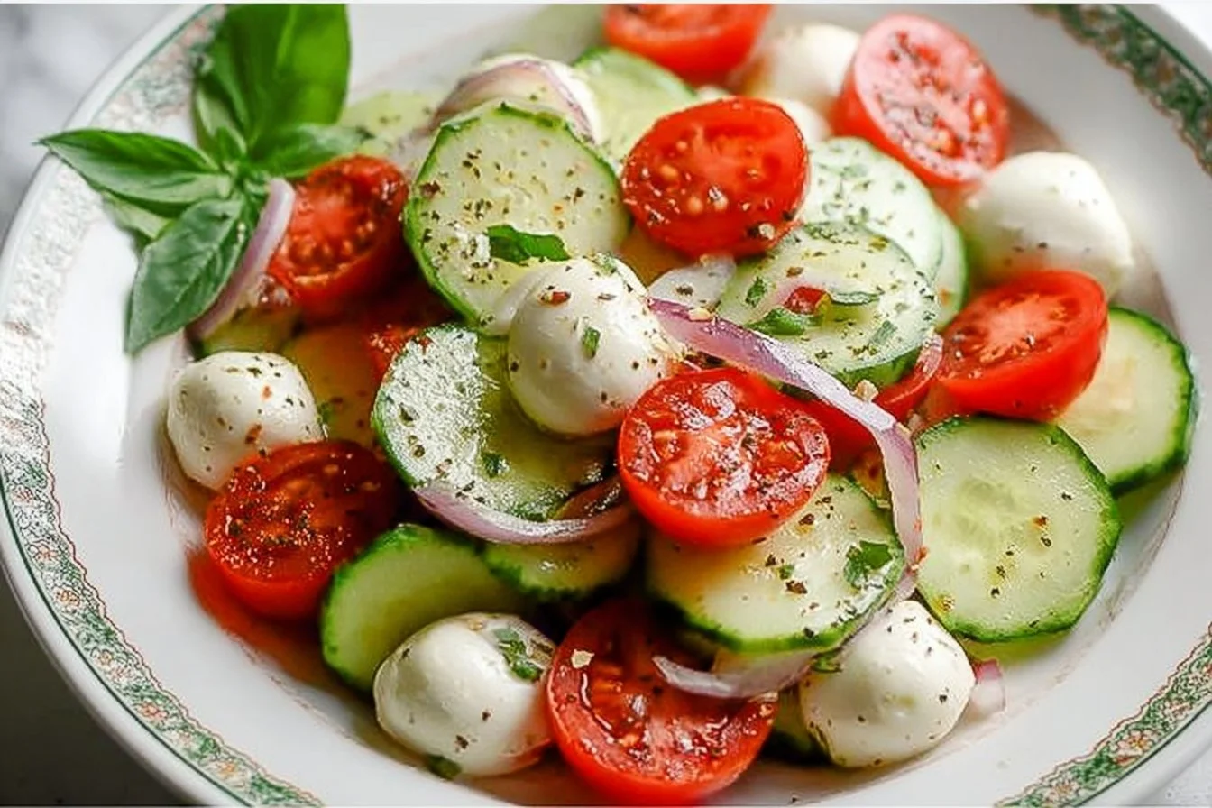Juicy Cucumber Caprese Salad with fresh cucumbers, tomatoes, and mozzarella