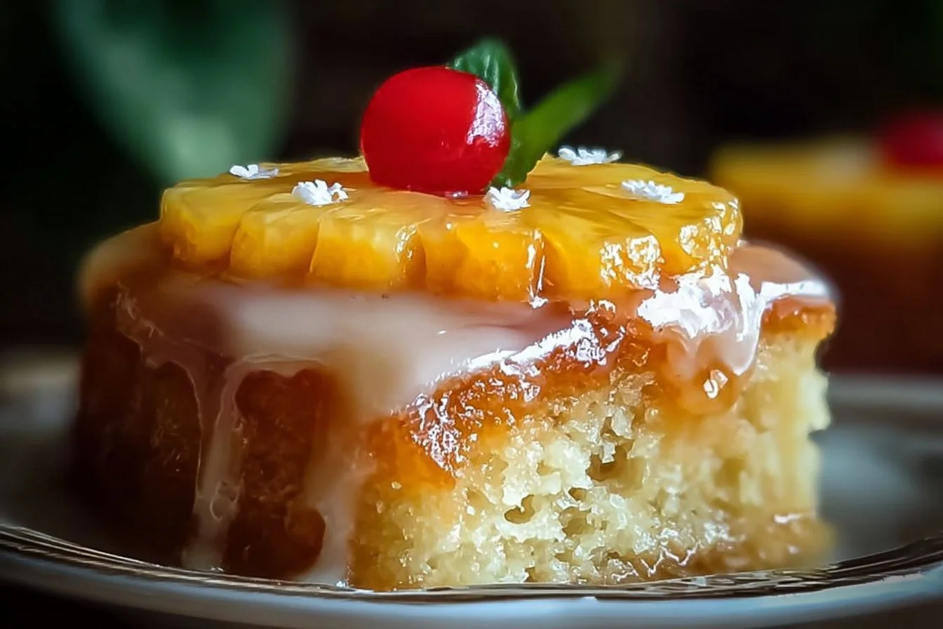 Delicious Juicy Pineapple Heaven Cake topped with fresh pineapple slices