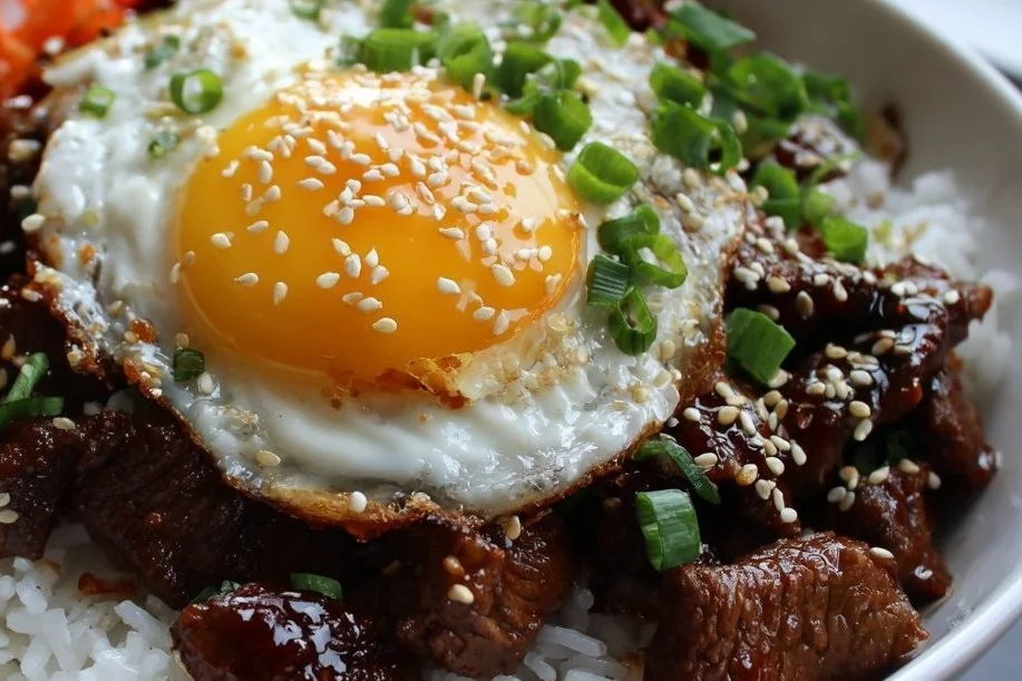 Delicious Korean Beef Bowl served with rice and vegetables