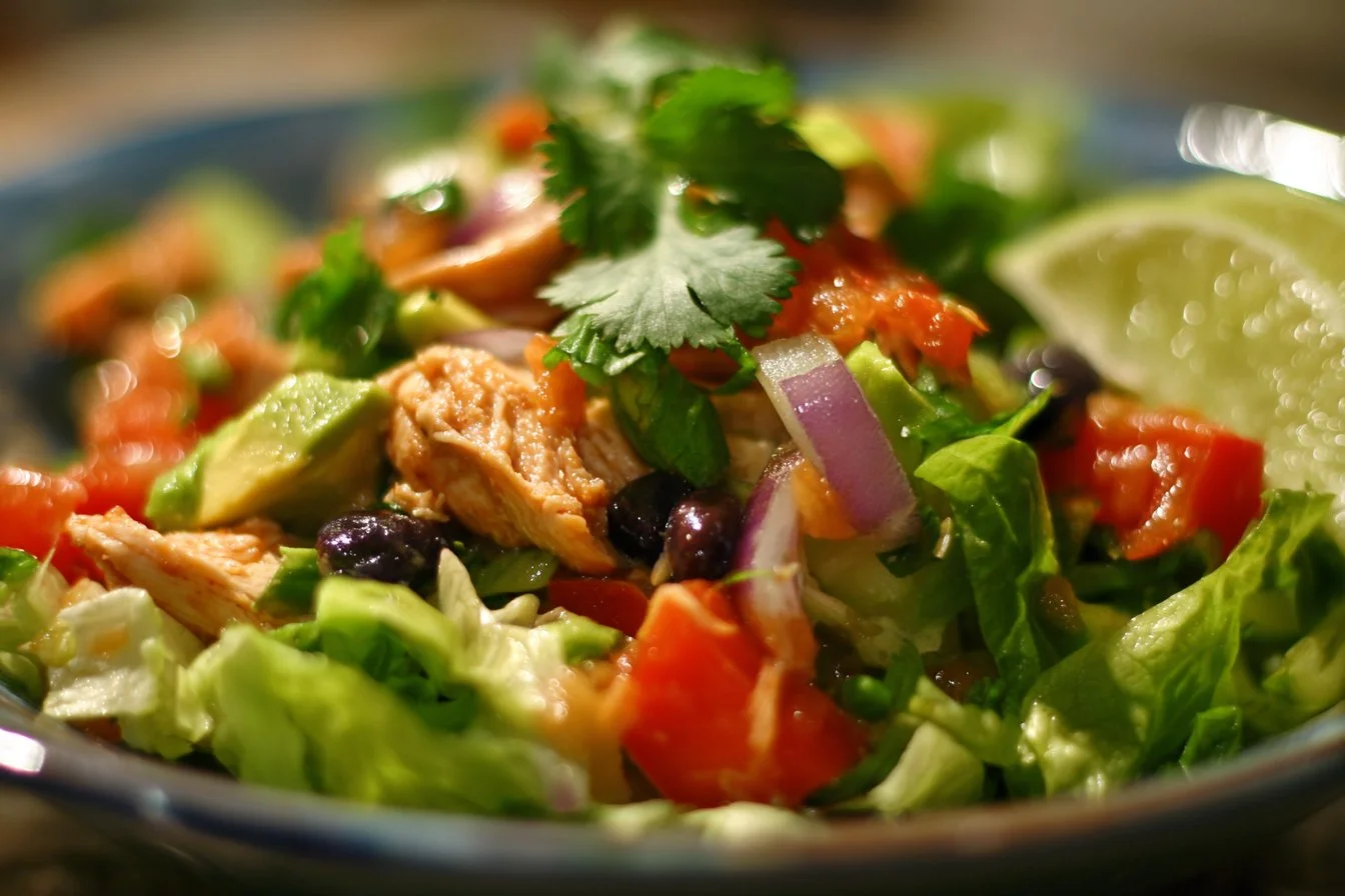 Vibrant Mexican chicken salad with fresh ingredients and colorful toppings