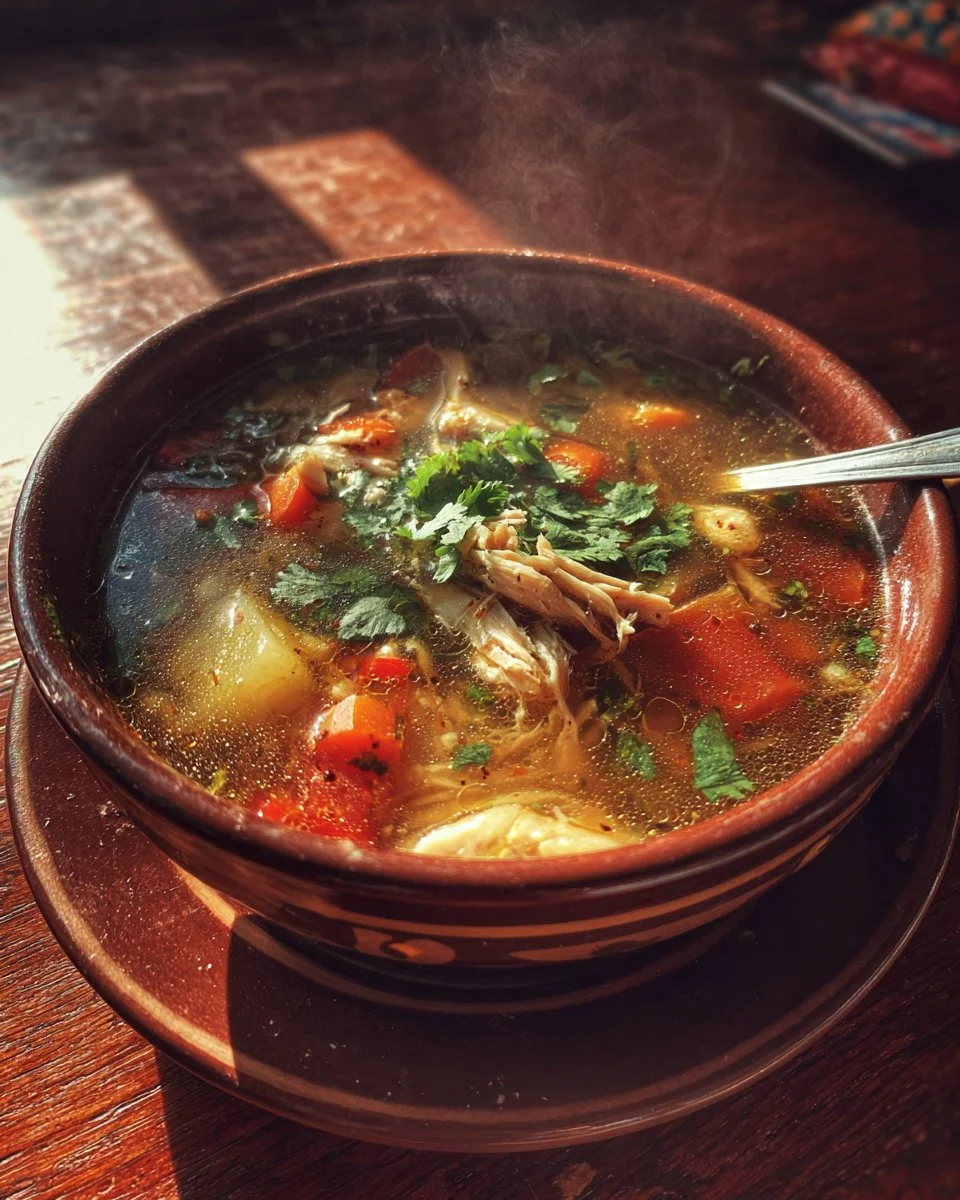 Bowl of Mexican Chicken Soup garnished with cilantro and lime.