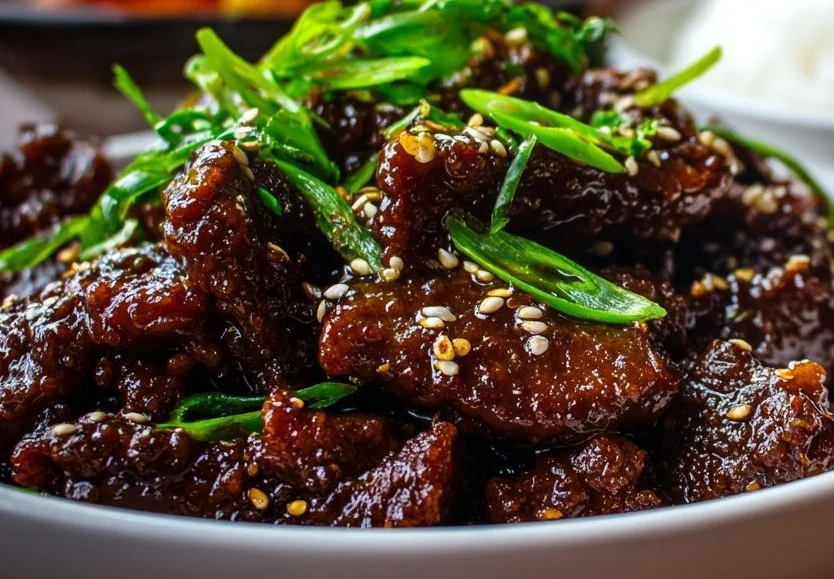 Delicious bowl of Mongolian Beef served with vegetables and rice